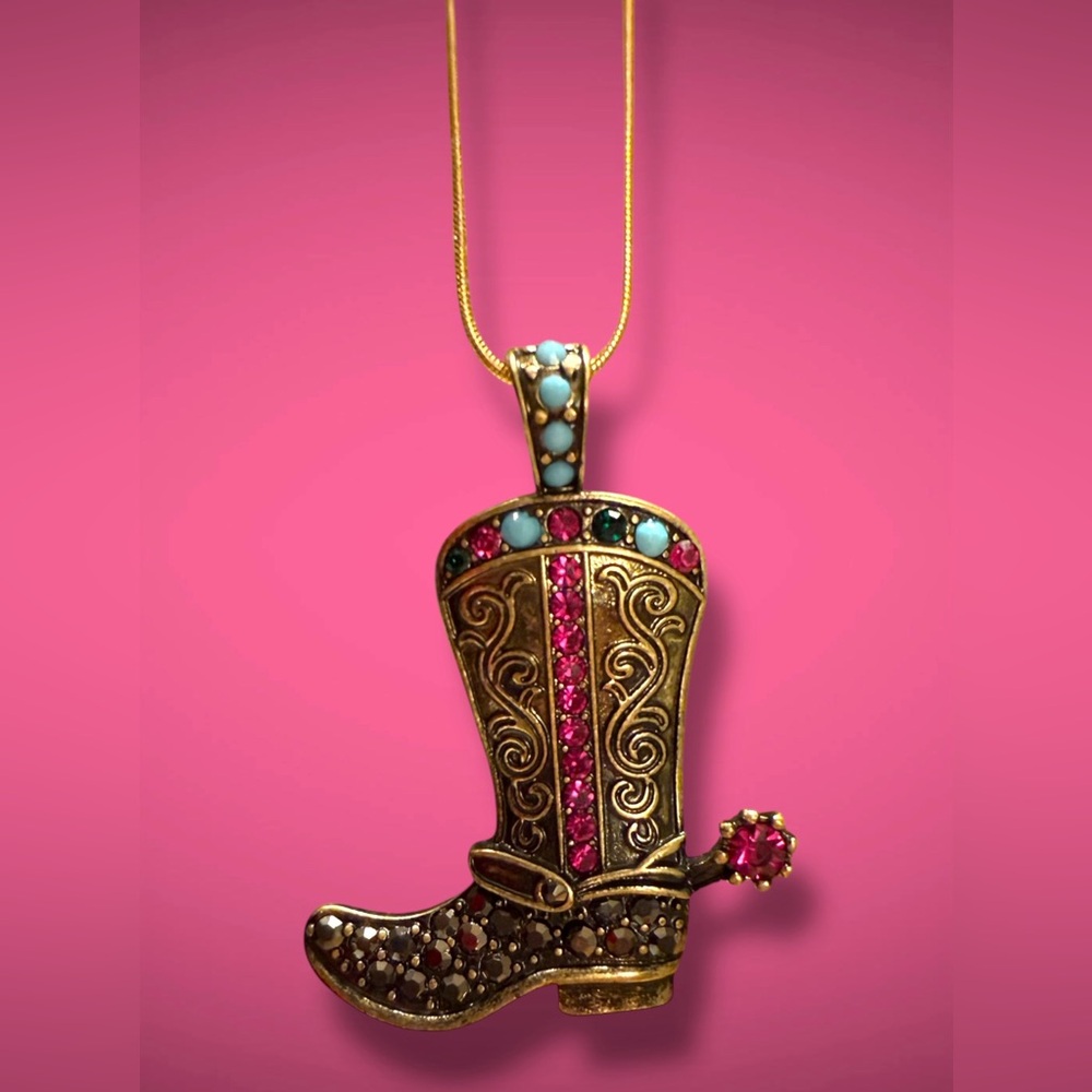Western Gold and Pink Boot Pendant Necklace